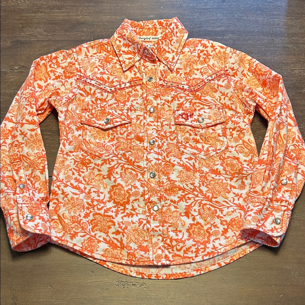 Cowgirl Hardware Orange/ White Floral Jewels Long Sleeve Western Shirt